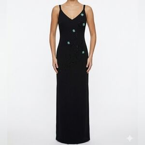 Vtg Betsy & Adam by Jaslene Black Maxi Dress 3D Rosettes Two Tone Slit 90s Y2K